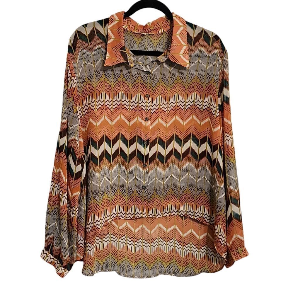Multicolor Top 3X chevron striped sheer button up